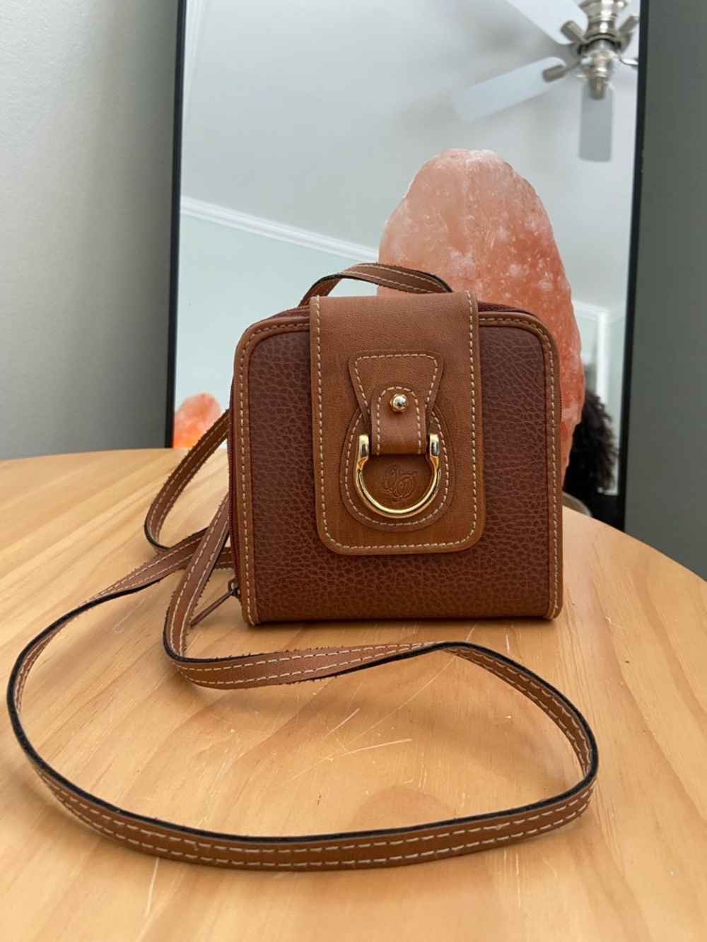 Leslie Fay Brown Leather Crossbody with Gold Ring Accent